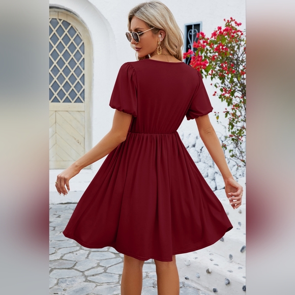 V-Neck Balloon Short Sleeve Dress. Hit The Like ♡ Button For SALE Price - Picture 2 of 4